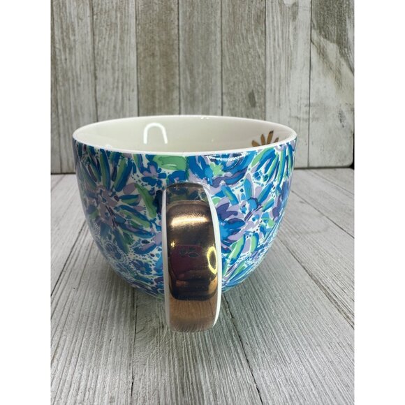 Lilly Pulitzer Set of 2 Blue Floral Tea Coffee Cups with Golden Handle 4" DIA - Picture 5 of 11
